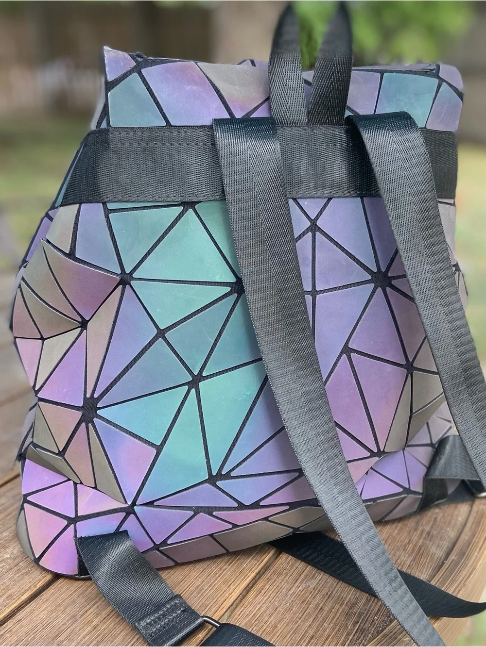 Iridescent Geometric Triangle Panel Backpack in Charcoal Gray